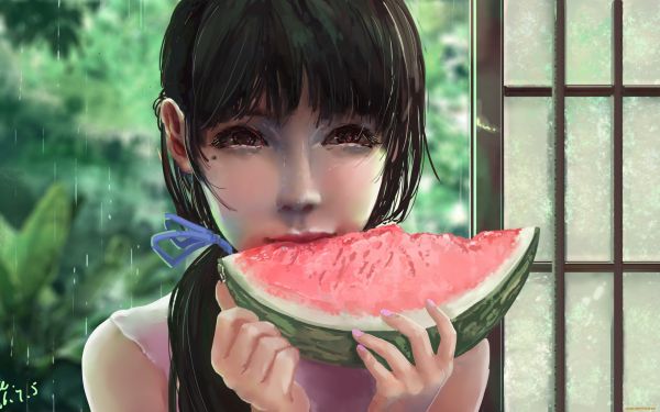 Anime cô gái, anime girls eating, món ăn, Anime, trái cây, Dưa hấu