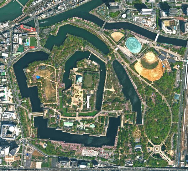 aerial view,trees,park,water,Osaka,Japan