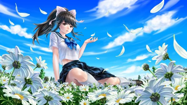 Flores,Anime,Nubes,uniforme escolar,Cola de caballo,Amor mas