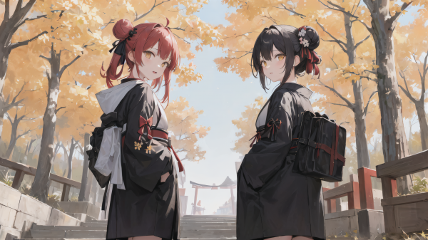 Chicas anime,corteza de árbol,santuario,kimono,ai art