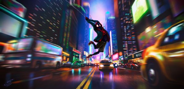 into the spiderverse,Spider Man,mijl Morales,stad,taxi,bussen