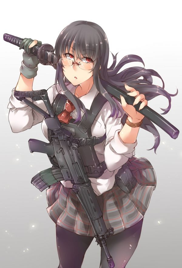 ilustracja,długie włosy,Anime,Dziewcząt anime,pistolet,okulary