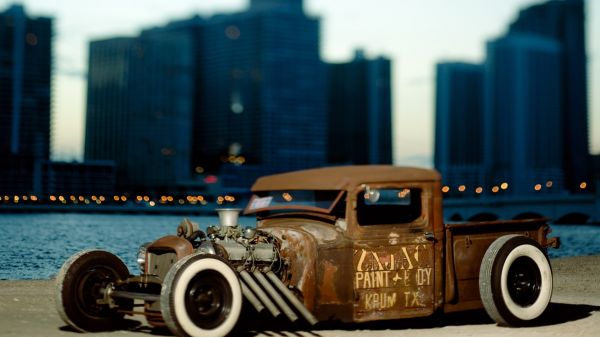 mașină,mașină veche,Rat Rod,1920x1080 px,bokeh,peisaj urban