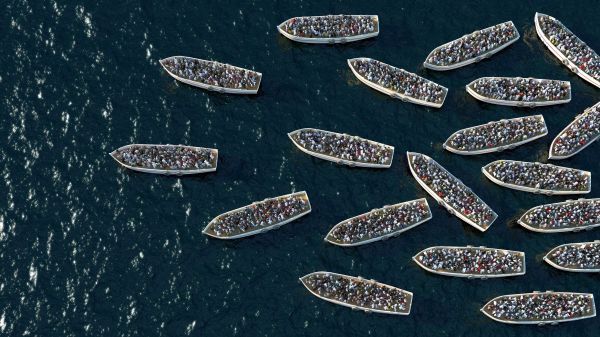 digital art, render, CGI, people, boat, sea