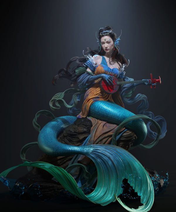 ファンタジーアート,Qi Sheng Luo,CGI,人魚,リュート,尾