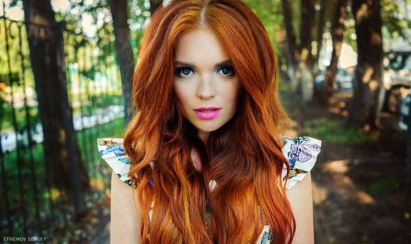 women,portrait,redhead,depth of field,Sergey Efremov,blue eyes