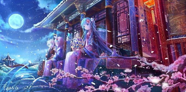 Filles anime,Cheveux turquoise,kimono,neige,Lune,Yeux aqua