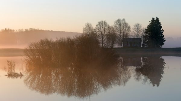 вода, природа, слънчева светлина, залез, нощ, езеро