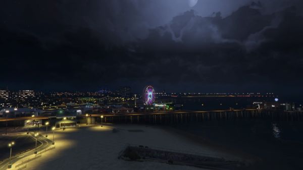 Grand Theft Auto V, night, city lights, Grand Theft Auto Online, storm, beach