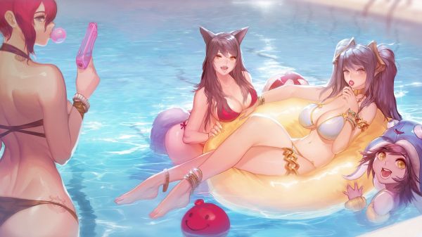 zwemfeest,League of Legends,Lulu League of Legends,bikini,Sona League of Legends,AHRI League of Legends