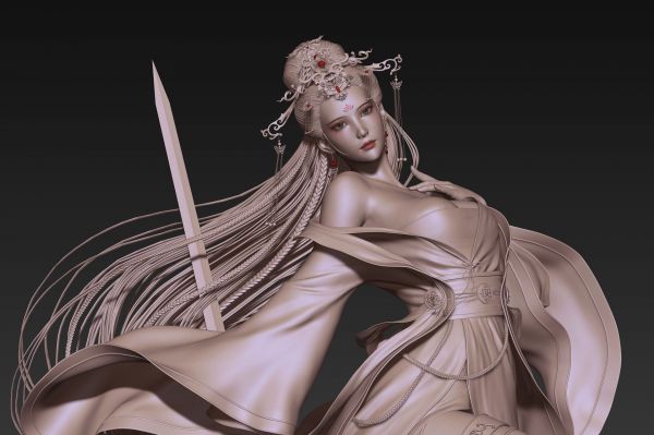 女性,アジア人,CGI,3D,彫刻,武器