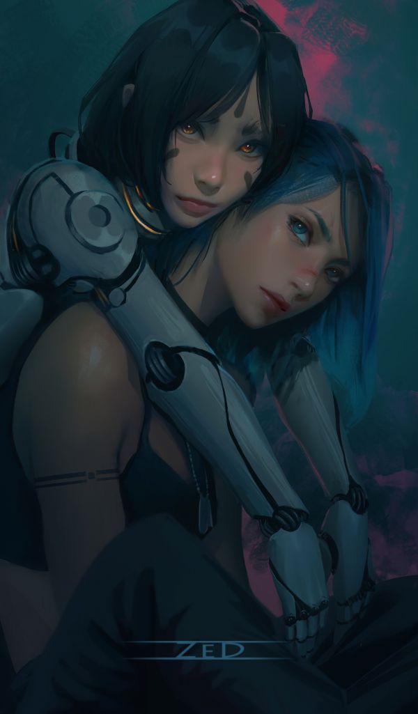 portret,cyberpunk,Trungbui,two women,pictura pe fata,dog tag