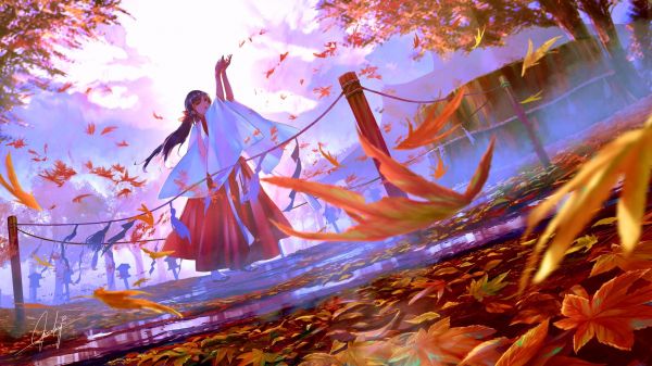 ouvrages d'art,art numérique,Anime,Filles anime,tomber,feuilles