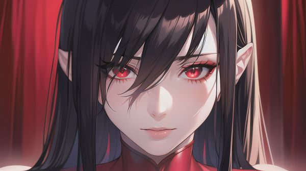 red eyes,anime,black hair,red background,dangerous,closeup