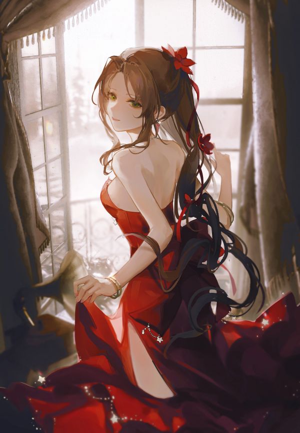 anime,anime lányok,ruha,Aerith Gainsborough,Final Fantasy VII,ablak