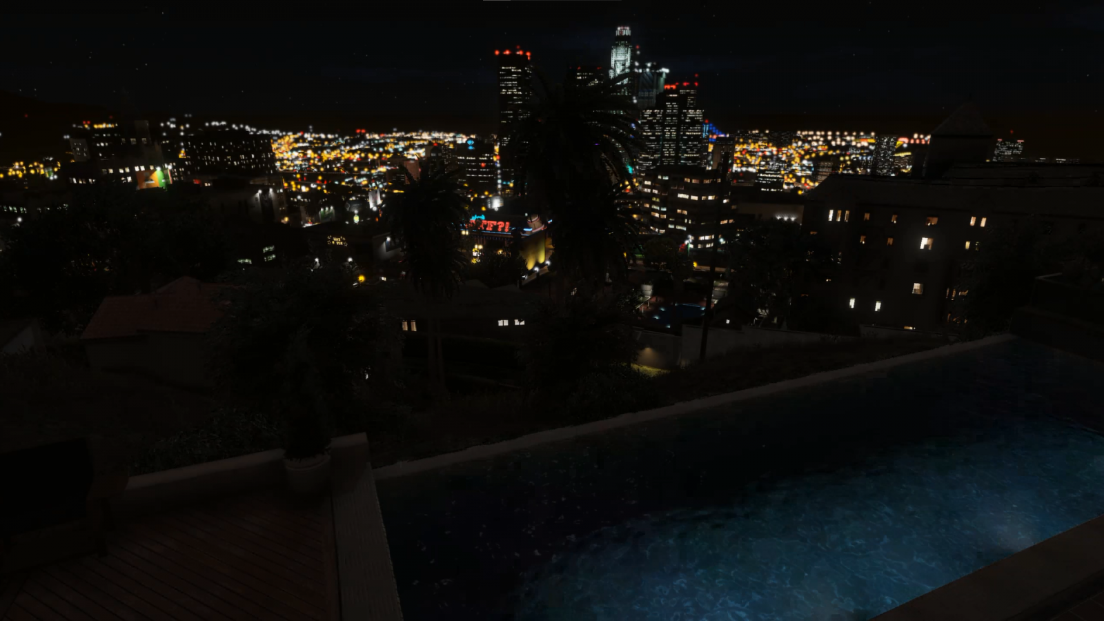 Grand Theft Auto V, city, house, swimming pool, night, city lights