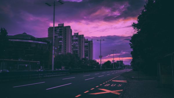 雲,空,建物,雰囲気,街路灯,紫の