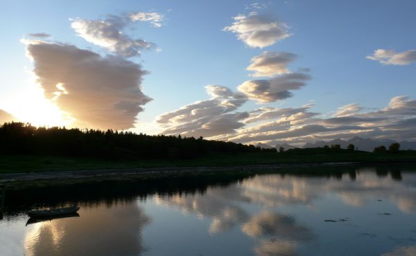 lumière du soleil,des arbres,paysage,bateau,le coucher du soleil,Lac