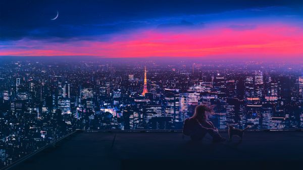 デジタルアート,シティ,都市景観,アートワーク,図,夜