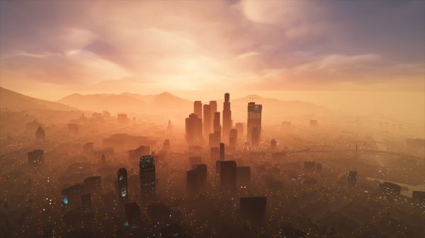 Grand Theft Auto V,video games,city,sunrise,Tyndall effect,CGI