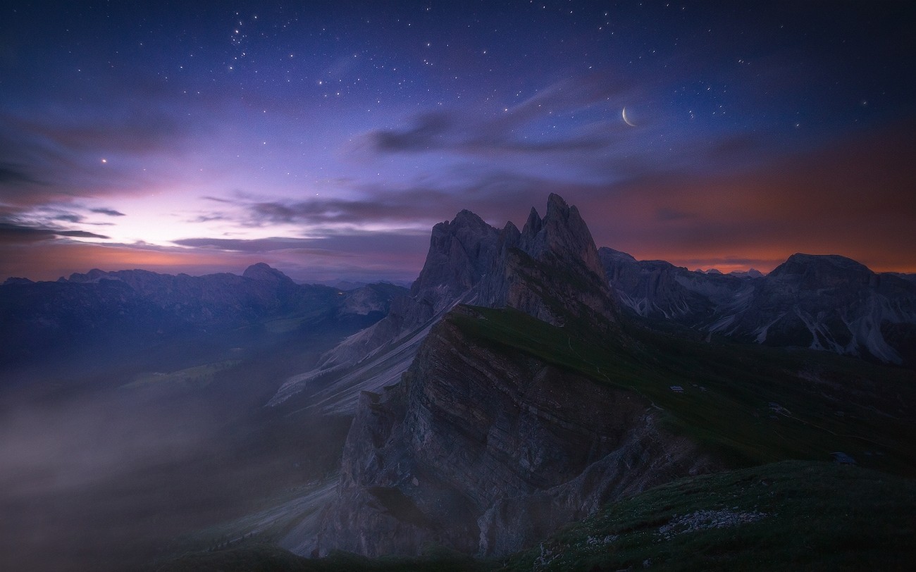 panorama, montanhas, Itália, noite, natureza, céu, Exposição longa, nuvens, nascer do sol, tarde, luar, horizonte, noite estrelada, atmosfera, verão, Montanhas Dolomitas, vale, crepúsculo, Terreno, montanha, alvorecer, Captura de tela, Fenômeno atmosférico, Formas de relevo montanhosas, Fenômeno geológico, cadeia de montanhas