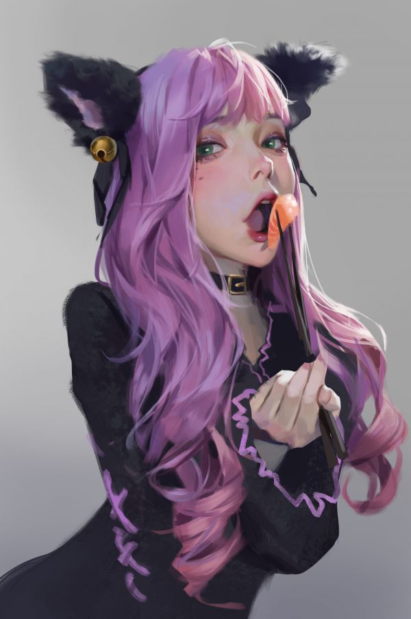 animal ears,Liu Ming,drawing,purple hair,eating,simple background