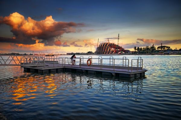 paisaje,vistoso,puesta de sol,mar,barco,Singapur