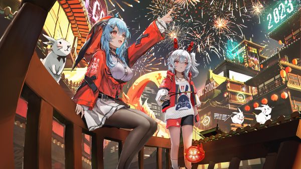 22 bilibili,33 bilibili,two women,ウサギの耳,新年,花火