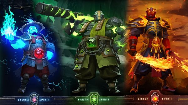 Dota 2, Earth Spirit, storm Spirit, Ember Spirit, spel, skärmdump