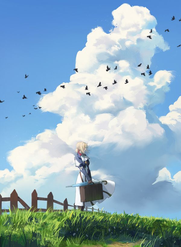 Anime,Filles anime,des nuages,ciel,herbe,des oiseaux