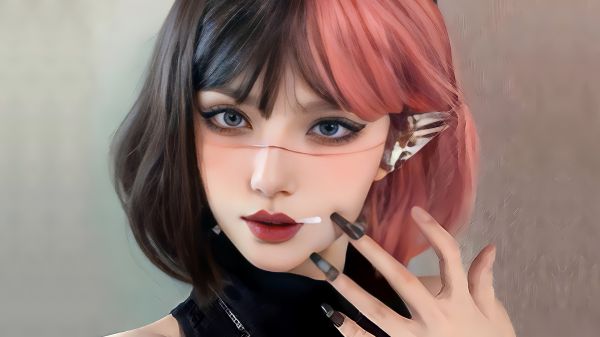 CGI,cosplay,3D,fantasy girl,two tone hair,painted nails