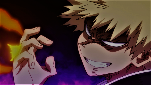 souriant,Boku no Hero Academia,Katsuki Bakugou,Feu,blond,Fond violet