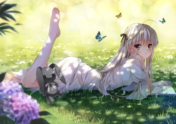 anime,anime jenter,1919x1357 px,barfot,sommerfugl,ben