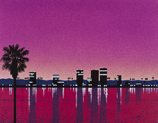 maalaus,vesi,Hiroshi Nagai,Retrowave,palmuja,kaupunkikuvan