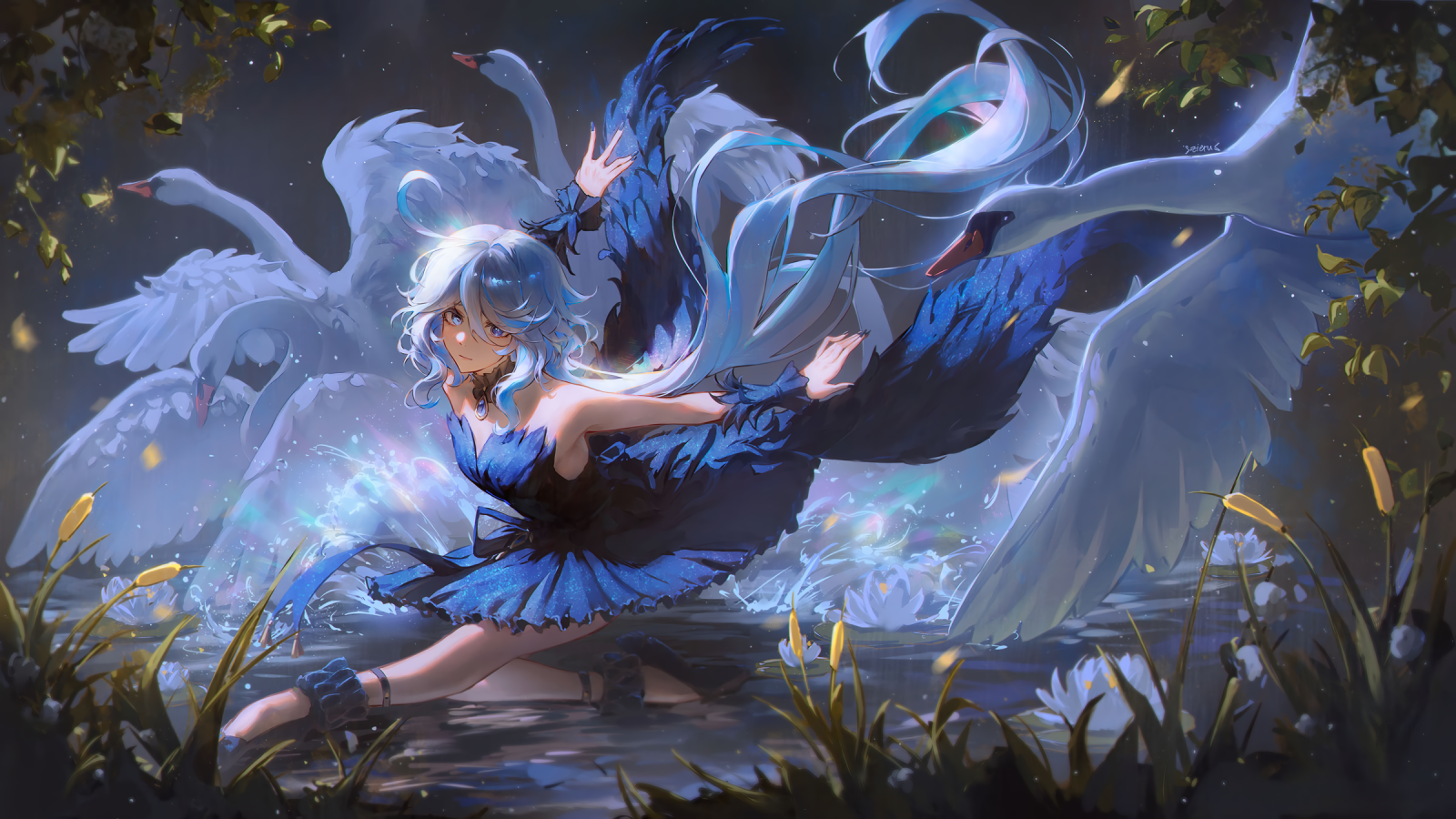 Genshin Impact, flowers, Furina Genshin Impact, blue dress, signature, looking at viewer, Swans, heterochromia, long hair, water drops, blue hair, two tone hair, dancing, blue eyes, open arms, closed mouth, water, starred sky, starry night, Zieru, women outdoors, tutu, night, stars, grass, birds, legs, leaves, water lilies