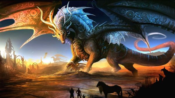 fantasy art, dragon, men, horse, wings, artwork