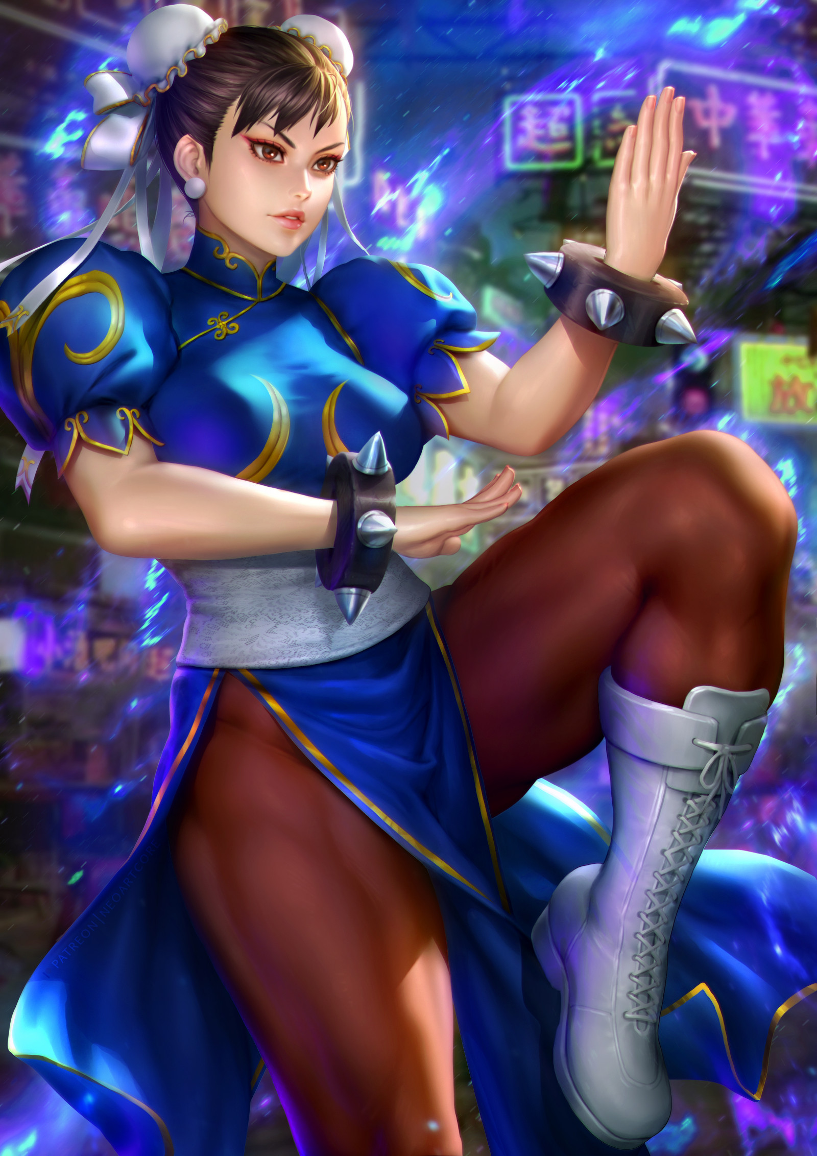 Chun Li, street Fighter, Capcom, videospill, videospill tegn, fantasy jente, brunette, brune øyne, ser bort, hairbun, blå klær, kinesisk kjole, cheongsam, thick thigh, lår, støvler, gate, portrettvisning, video spillet jenter, Fighting Games, vertikal, kunstverk, tegning, digital kunst, Video Game Art, illustrasjon, fan Kunst, NeoArtCorE artist, dybdeskarphet