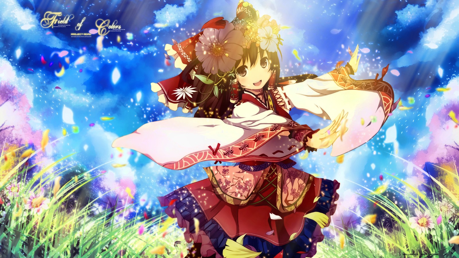 1600x900 px, alterner, Fleurs, Des arcs, marron, Les brunes, Cerise, des nuages, les yeux, fleurs, Jeux, herbe, cheveux, Hakurei, content, longue, Miko, multicolore, la nature, Reimu, souriant, lumière du soleil, texte, Touhou, traditionnel, des arbres, vidéo