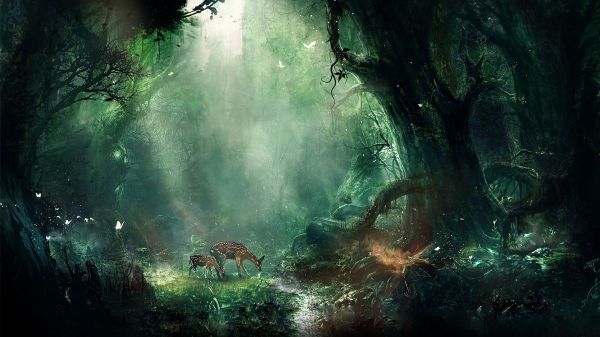 deer, fantasy art, forest, 1920x1080 px, fawns