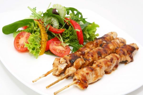 food, white background, meat, Plate, green, kebabs