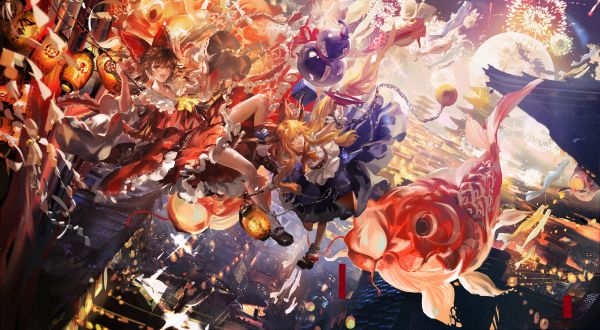 fete anime,focuri de artificii,femei,Touhou,Alice Margatroid,Hakurei Reimu