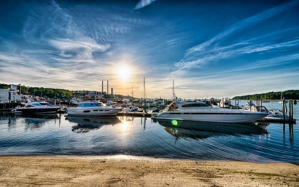 landscape, boat, sunset, sea, bay, water