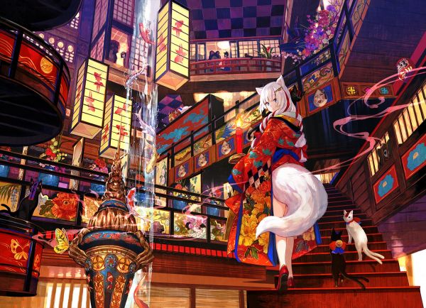 anime,anime girls,white hair,kimono,Japanese kimono,colorful