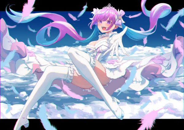 Hololive,Minato Aqua,Virtual Youtuber,Guantes blancos,white boots,vestido blanco