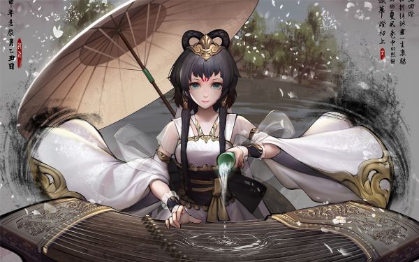 luo Tianyi, gadis anime, hanfu, payung, Vocaloid Cina, Chinese zither