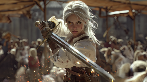 The Witcher,Video Game Art,ilustrasi,rambut putih,woman with sword,Scar character