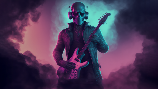 ilustrasi,gitar elektrik,ai art,tengkorak,neon,headphone