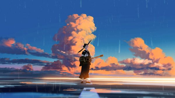 en chantant,Anime,pluie,guitare,Garçons anime,des nuages