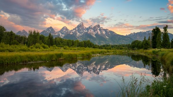 Grand Teton National Park,solopgang,sø,afspejling,vand,bjerge