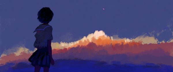 bangjoy,Sonnenuntergang,Anime Mädchen,Wolken,Wegschauen,Digitale Malerei